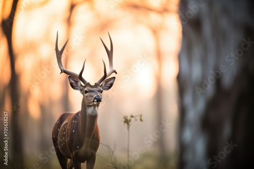 bushbuck silhouetted against a forest sunset © studioworkstock