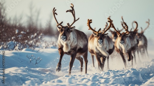 A dynamic image capturing a herd of reindeer running across a snow covered field. Perfect for winter and wildlife-themed designs © Fotograf