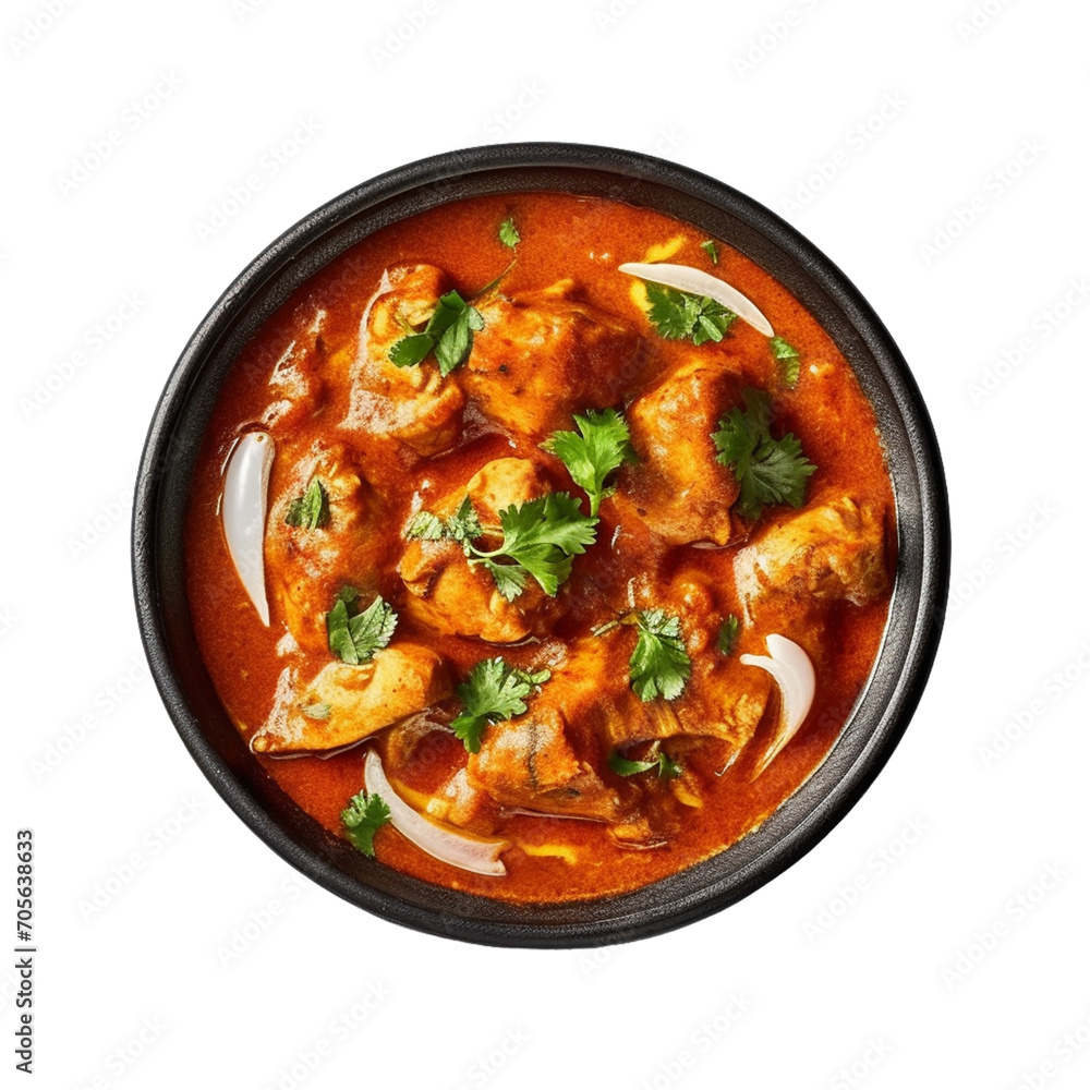 Indian butter chicken curry in balti dish on white.
