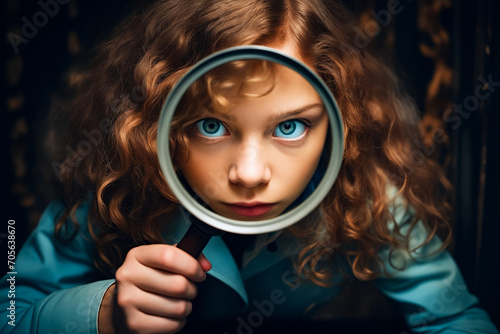 Woman looking through magnifying glass at the camera. photo