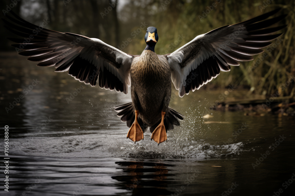 Pato volando con las alas abiertas cerca del río. - obrazy, fototapety, plakaty 