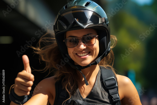 Woman wearing helmet and giving thumbs up. © valentyn640