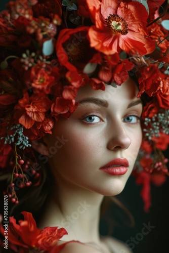 A woman wearing a beautiful wreath of flowers on her head. Perfect for spring-themed designs or bohemian-inspired projects