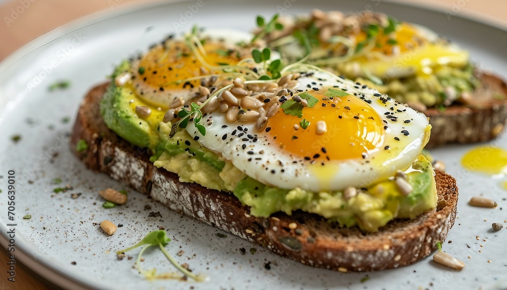 Avocado plated whole grain toast with eggs, fresh mini herbs, sunflower seeds, Plate of assorted healthy avocado toasts. Eggs, tomatoes and cucumber spinach.