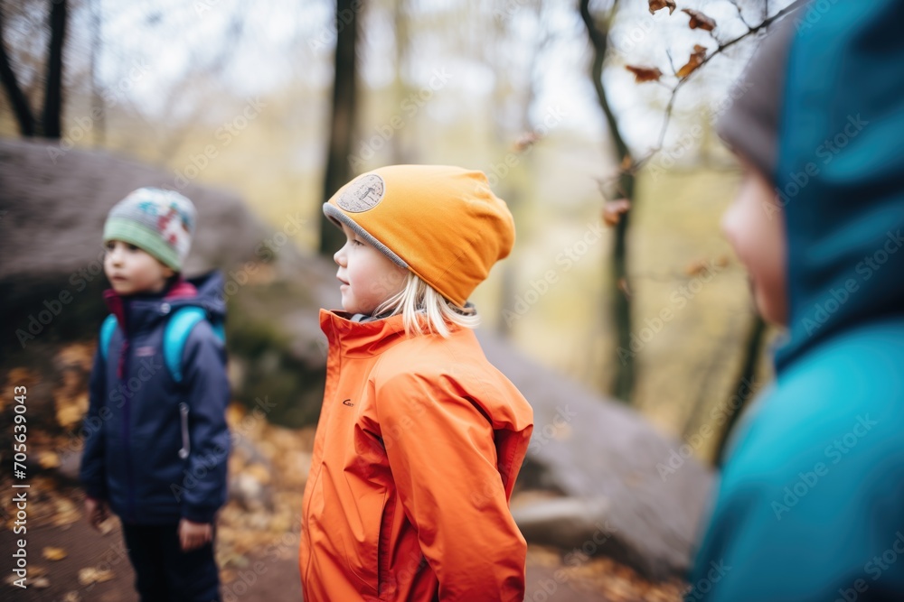 kids watching a squirrel from a safe distance on a hike kids watching a squirrel from a safe distance on a hike