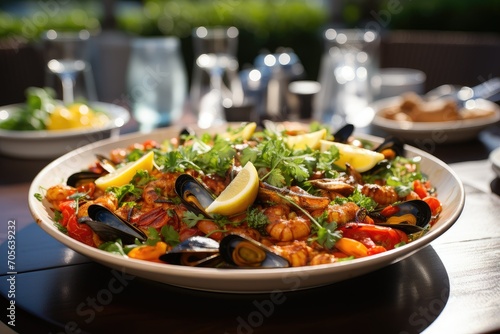 A traditional Spanish dish. Seafood paella with rice, mussels, shrimp. Menu, the recipe.