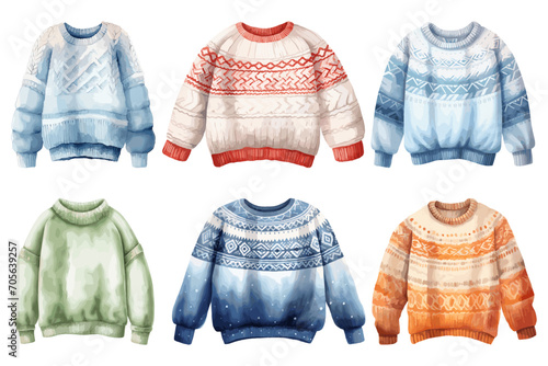 Watercolor winter sweater set, winter accessories, vector illustration