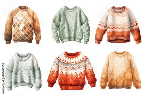 Watercolor winter sweater set, winter accessories, vector illustration