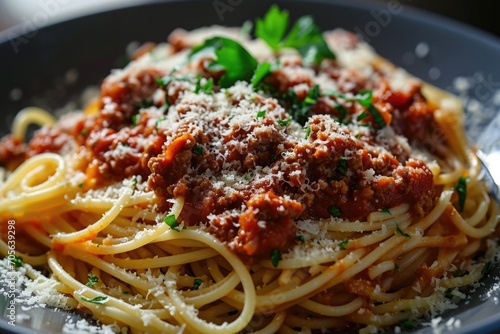 A plate of spaghetti topped with savory sauce and sprinkled with parmesan cheese. Perfect for Italian cuisine or food-related designs