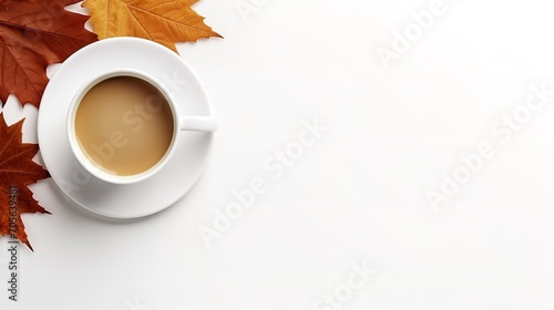 Top view of coffee cup with maple leaf in a clean white surface, Generative AI.