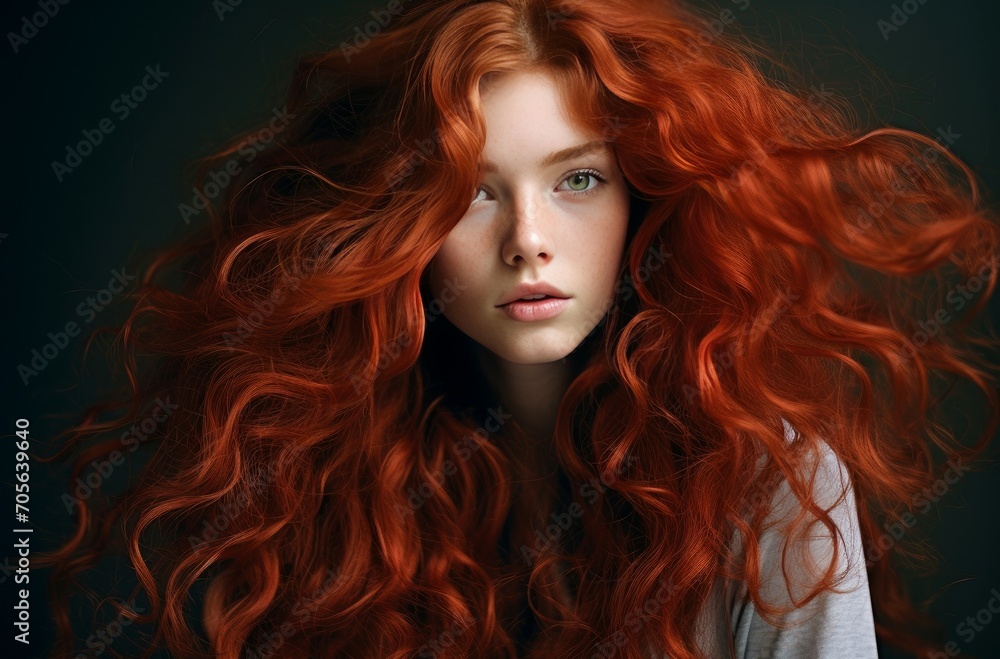 Unique Long curly red hair girl. Fashion person studio photo shot. Generate Ai
