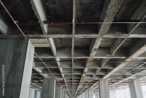 The picture shows a view of the underside of a bridge. This image can be used to depict infrastructure, engineering, or urban landscapes
