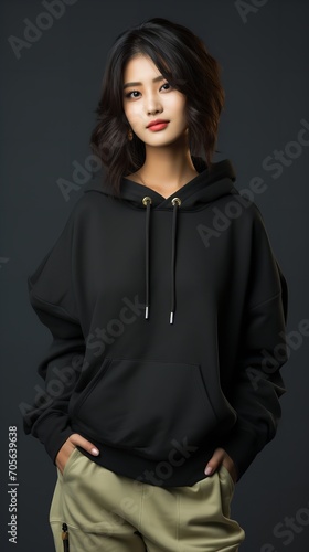 Trendy Asian woman model standing in a sweatshirt, cool poses, Generative AI.