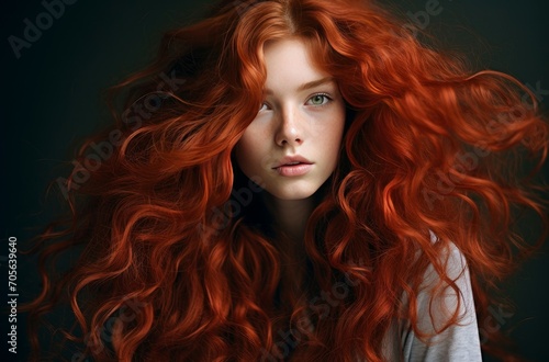 Unique Long curly red hair girl. Fashion person studio photo shot. Generate Ai