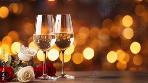 Two Champaign glass in a clean surface with a bokeh of glittery backdrop and copy space, Generative AI. © Electric Wolf