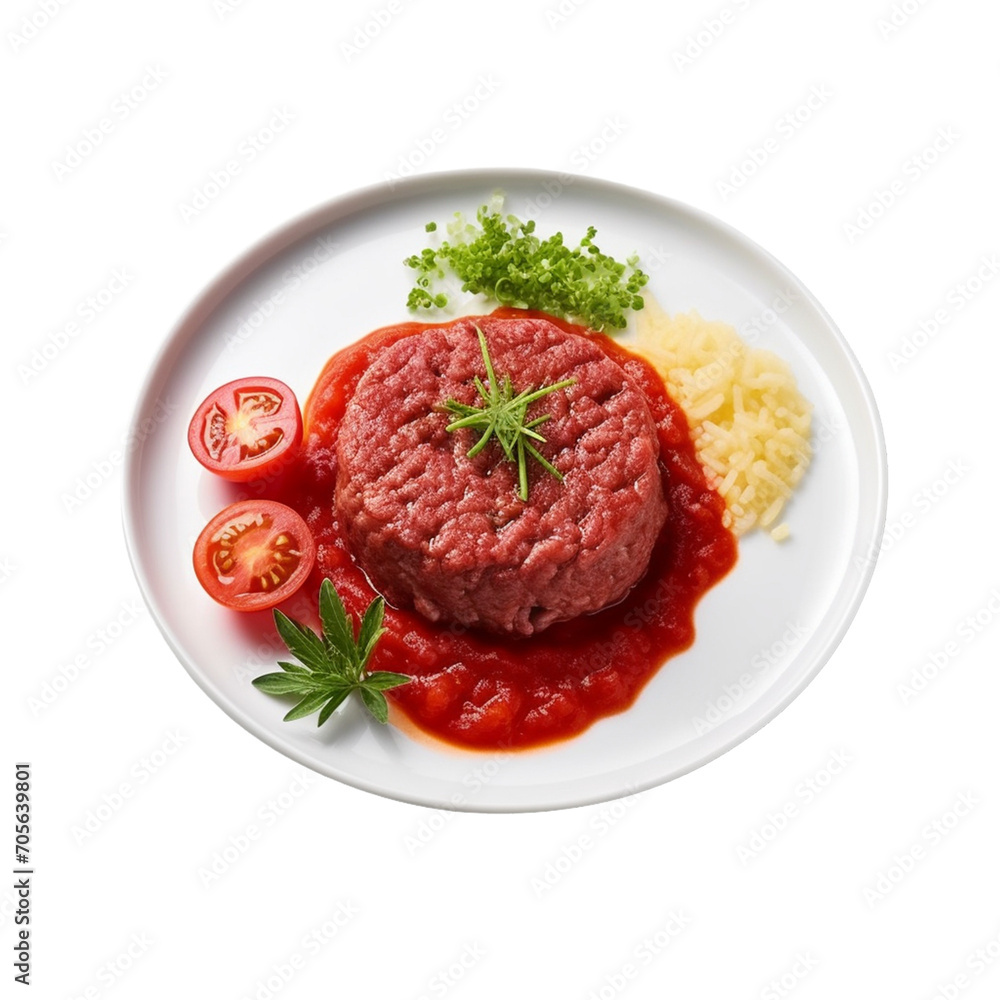minced meat and vegetables with a red sauce on transparent background.
