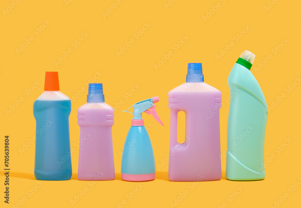 Cleaning supplies and detergents for cleaning stand in a row. Cleaning supplies. Cleaning supplies and detergents for cleaning stand in a row. Cleaning supplies.