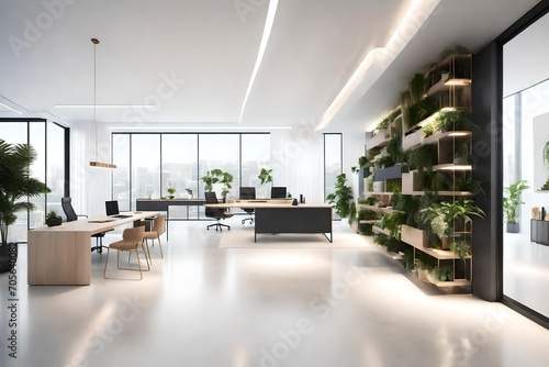 Create an inviting 3D rendering of a modern office space, characterized by a pristine white color scheme,  concrete floors, and a profusion of vibrant plants. 

