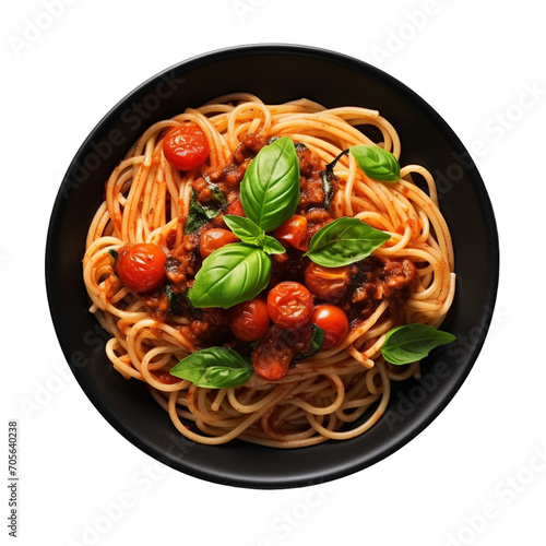 pasta with bolognese sauce fresh basil and tomatoes. 