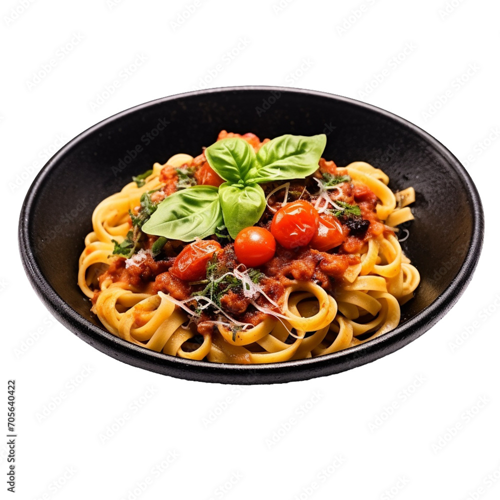 pasta with bolognese sauce fresh basil and tomatoes.
