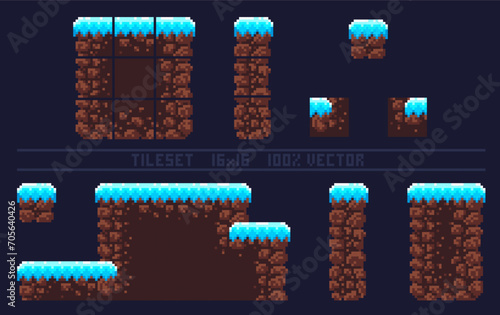 Pixel art tile set for 2d retro game. A set of winter tiles with snow for platformer. Location and landscape constructor. The resolution of the block is 16 x 16 pixels.