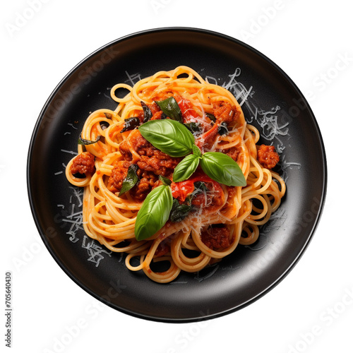 pasta with bolognese sauce fresh basil and tomatoes. 