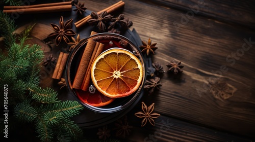 Winter mulled wine with cinnamon and oranges set against a wooden backdrop, xmas, Generative AI.