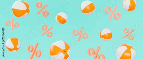 3D rendering of orange and white beach balls interspersed with coral percentage symbols floating against an aqua background, summer financial concepts and savings.