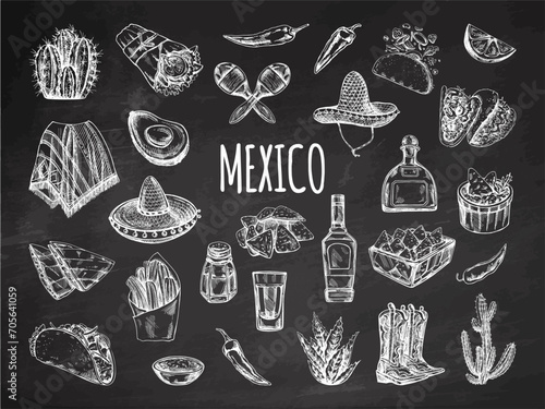 Hand-drawn set of realistic mexican elements on chalkboard background. Vintage sketch drawings of food, drinks, clothes, tools. Vector ink illustration. Mexican culture. Latin America.