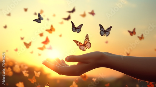 human hands releasing group of butterflies over sunset, Hope freedom concept photo