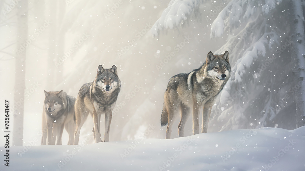Naklejka premium a group of wild wolves in the winter forest, wildlife