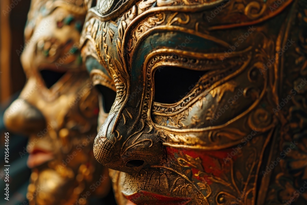 A close-up shot of a group of masks. Ideal for use in costume parties and theatrical performances