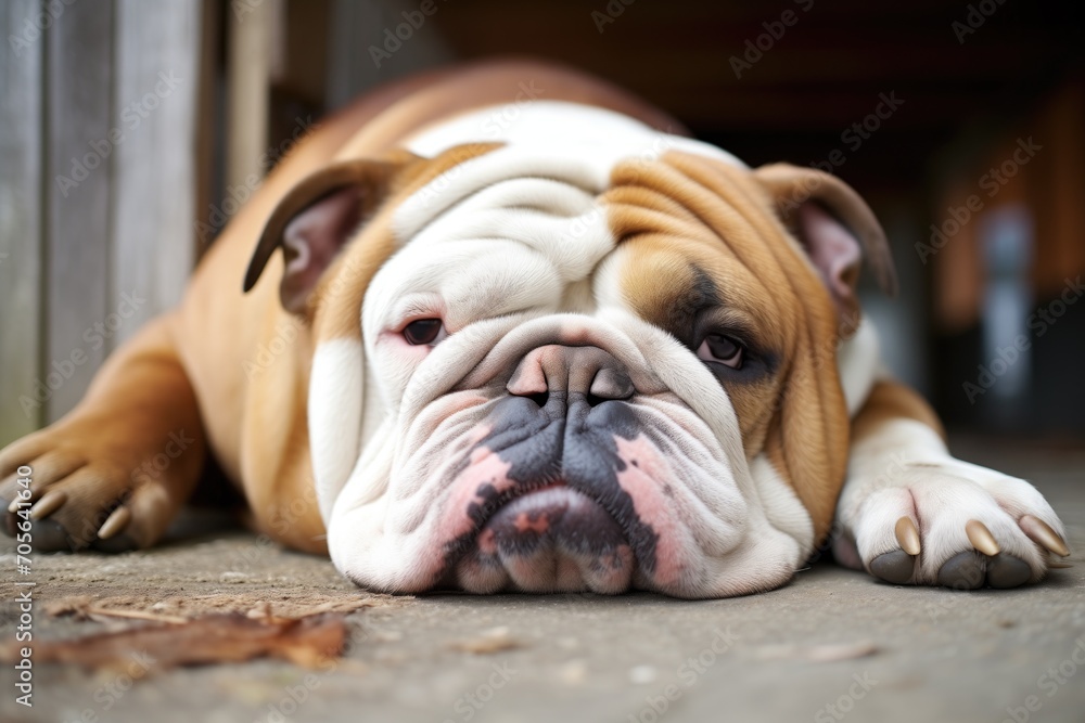 bulldog lying with a tilted head by the barn胢s threshold