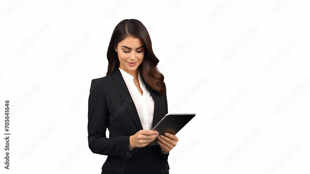Portrait of young business woman working on a tablet isolated on white background Portrait of young business woman working on a tablet isolated on white background