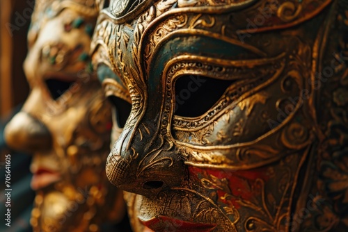 A close-up shot of a group of masks. Ideal for use in costume parties and theatrical performances © Fotograf