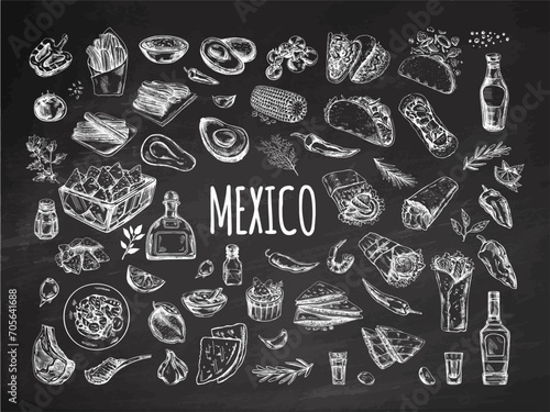 Hand-drawn set of realistic mexican dishes and products on chalkboard background. Vintage sketch drawings of Latin American cuisine. Vector ink illustration. Mexican culture. Latin America. photo