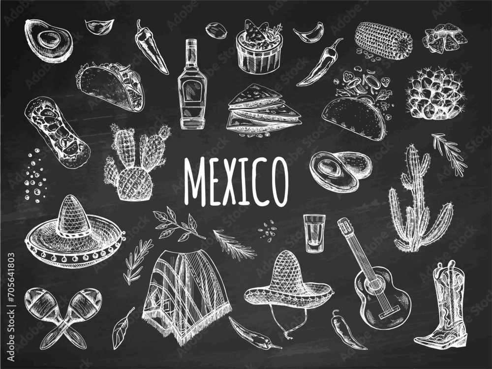 Hand-drawn set of realistic mexican elements on chalkboard background. Vintage sketch drawings of food, drinks, clothes, tools. Vector ink illustration. Mexican culture. Latin America. Hand-drawn set of realistic mexican elements on chalkboard background. Vintage sketch drawings of food, drinks, clothes, tools. Vector ink illustration. Mexican culture. Latin America.