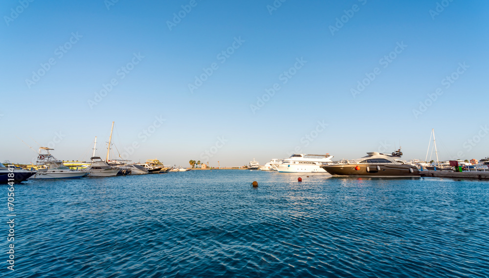 embankment street of the Red Sea in Egypt with ships boats