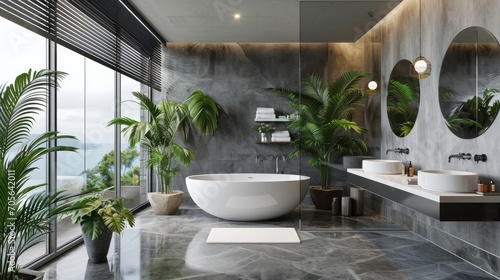 Interior design in urban jungle style. Modern bathroom decorated with green tropical plants and wicker home decor elements. Freestanding white tub  shower space and wash basin inside bohemian restroom