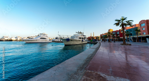 embankment street of the Red Sea in Egypt with ships boats