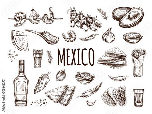 Hand-drawn set of realistic mexican dishes and products. Vintage sketch drawings of Latin American cuisine. Vector ink illustration. Mexican culture. Latin America.
