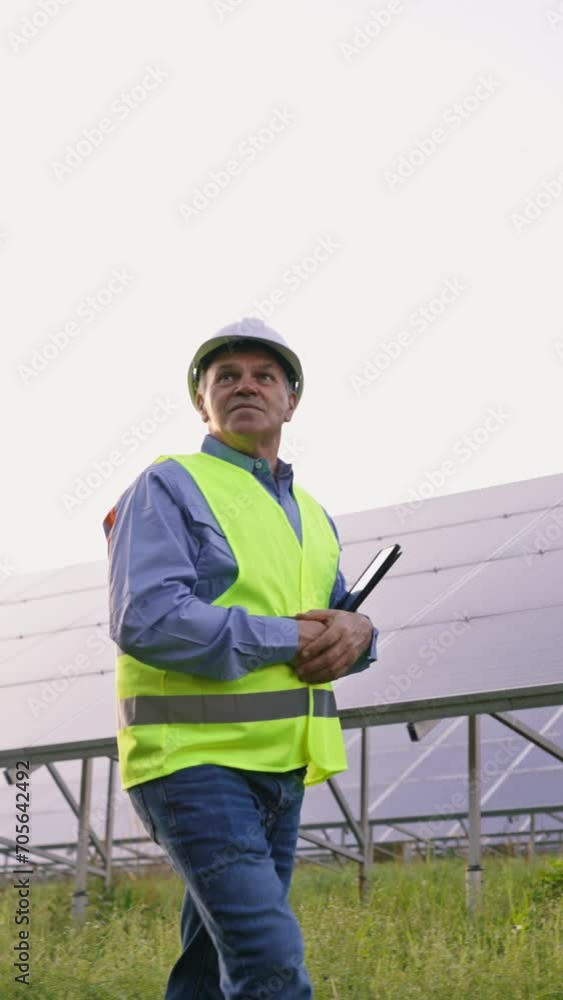 Mature engineer man in solar panels industrial area Mature engineer man in solar panels industrial area
