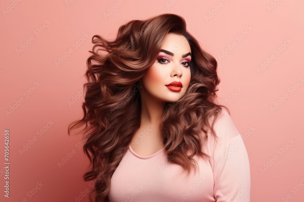 Lady with with voluminous, wavy hair against a soft pink background.