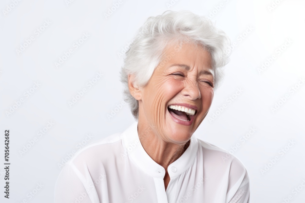 Studio Photo of Joyful Senior Woman Laughing. Photo Concept for Cosmetic or Dental Ads. Studio Photo of Joyful Senior Woman Laughing. Photo Concept for Cosmetic or Dental Ads.