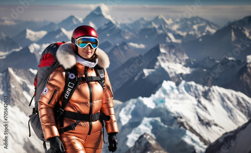 High-altitude female climber. Behind the spectacular mountain scenery