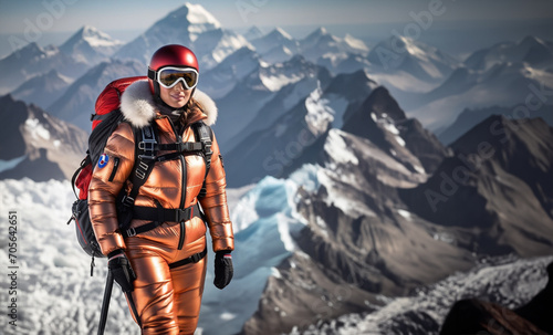 High-altitude female climber. Behind the spectacular mountain scenery