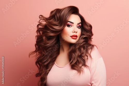 Lady with with voluminous, wavy hair against a soft pink background.