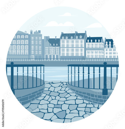 Quaint European town waterfront with traditional buildings. Serene river scene with cobblestone promenade. Urban landscape and travel destination vector illustration.