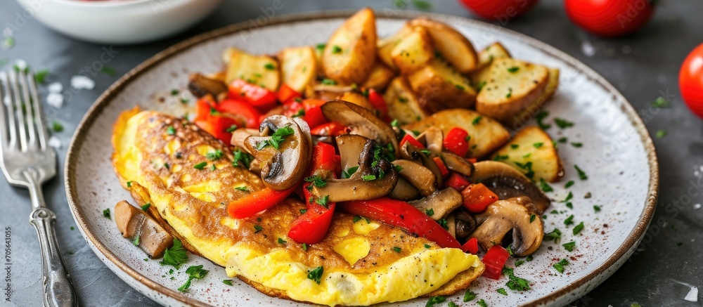 Mushroom and red pepper omelette with hash browns on plate