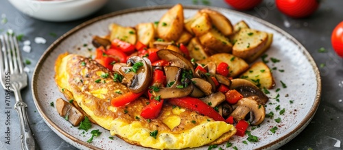 Mushroom and red pepper omelette with hash browns on plate